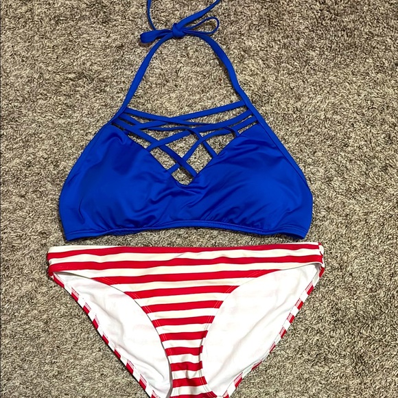 Blue Halter Bikini Top and Red Striped Bottom - Picture 1 of 1